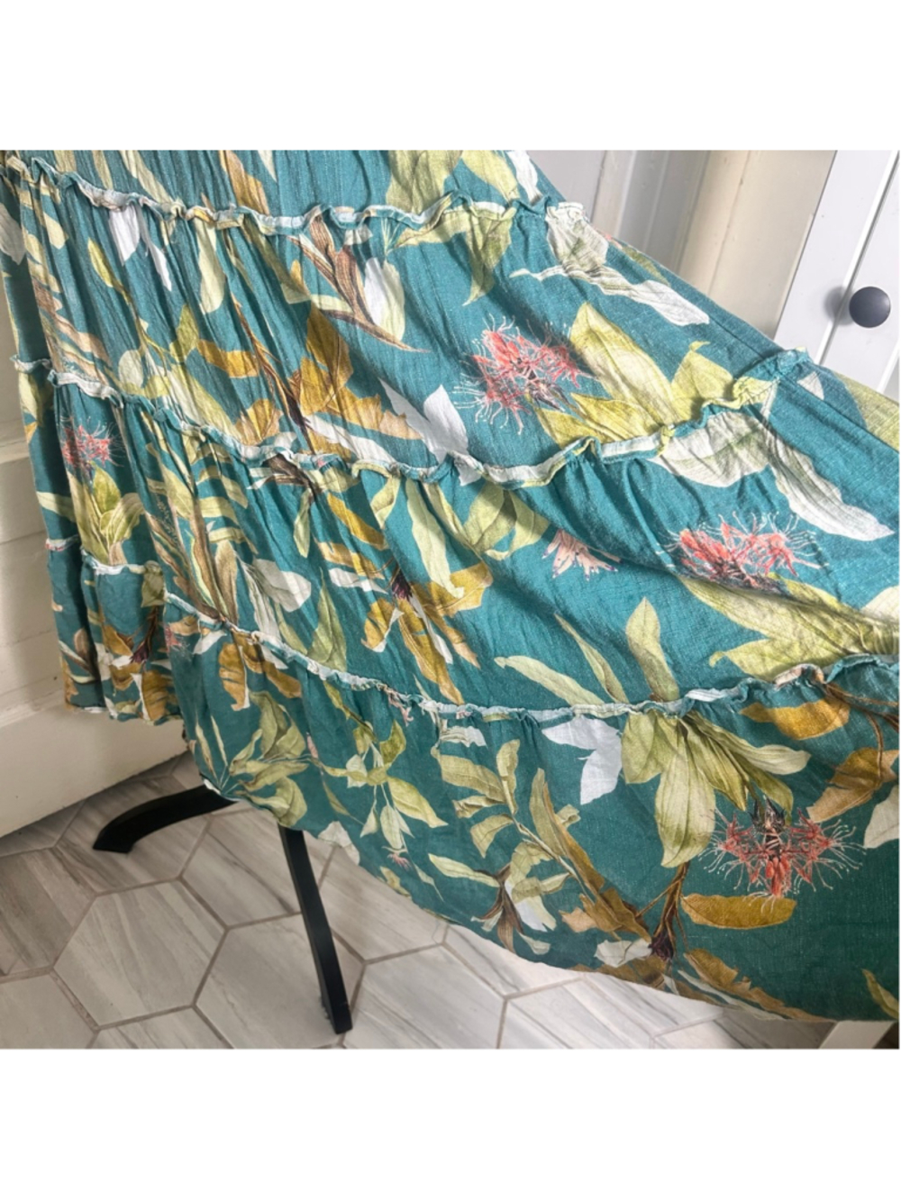 Women's O.P.T. Tuscany Teal Green Floral Smocked Maxi Dress M Summer Ligh - Picture 5 of 10